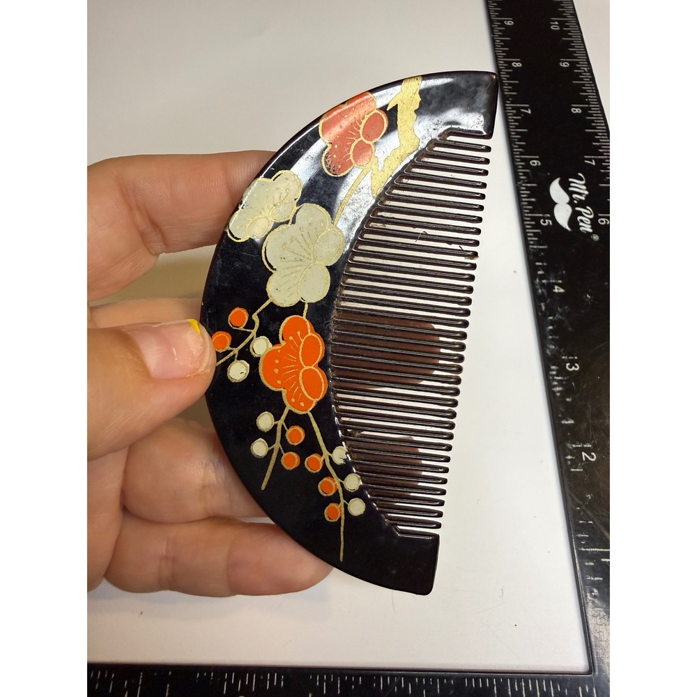 Japanese Kushi Hair Comb Hand Painted Floral Maple Leaf Lacquer Style Black Gold